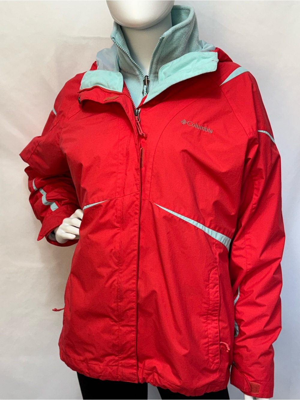 Columbia Red Camellia Blazing Star Interchange Snow Ski Jacket - Aqua Blue Liner